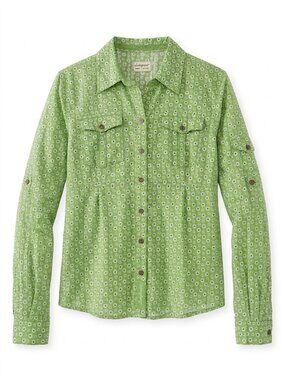 Life Is Good Green Daisy Floral Button Down Utility Shirt Roll Tab Sleeve L